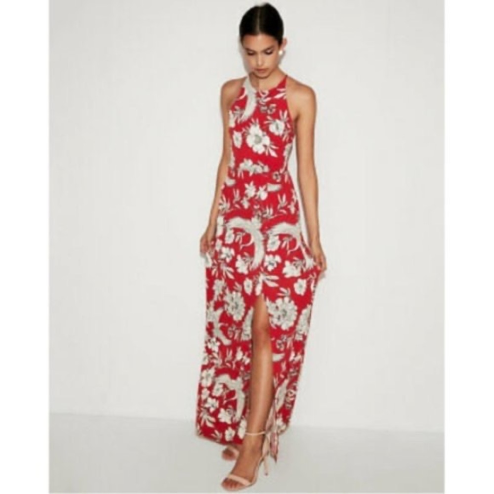 Express Red and White Floral Halter Maxi Dress